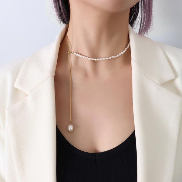 

chokers gold plated stainless steel long tassel freshwater pearl necklaces for women jewelry, elegant snake chain choker necklace woman, Golden;silver