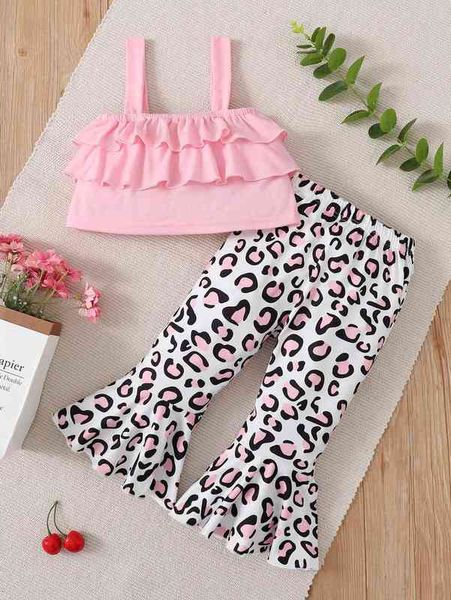 

baby ruffle trim cami & leopard print flare leg pants she, White