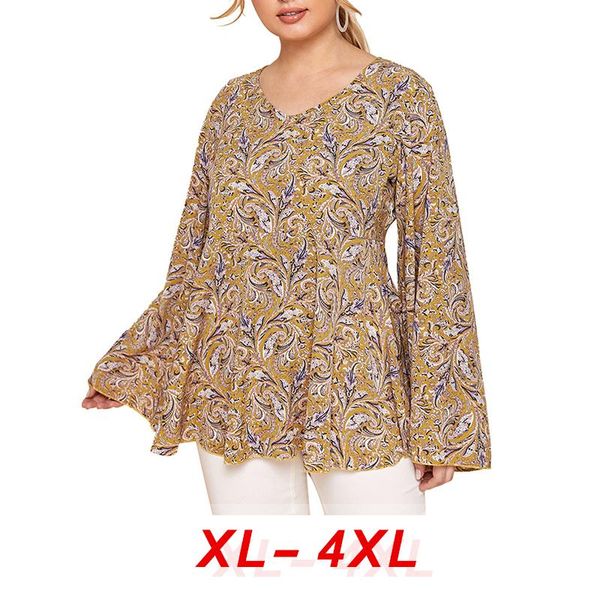 

autumn women long sleeve shirts 2021 bohemian print retro chiffon shirt v-neck ruffles loose plus size blouse women's blouses &, White