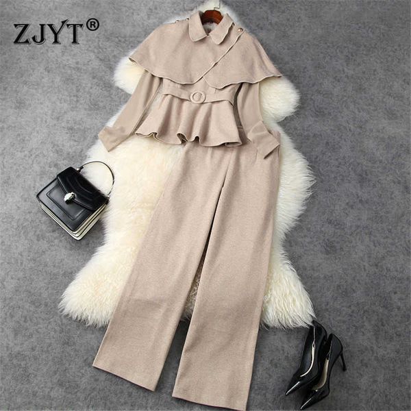 

elegant runway designer winter 3 piece suit women vintage party office outfit fashion cloak ruffle and pants matching sets 210601, White