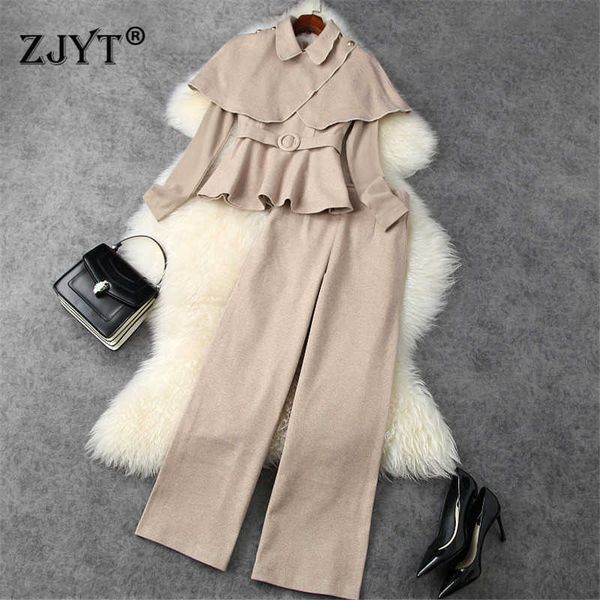 Elegante Runway Designer Inverno 3 Peça Terno Mulheres Partido Vintage Office Outfit Moda Moak Cloaffle Top e Calças Correspondentes Conjuntos de Correspondência 210601