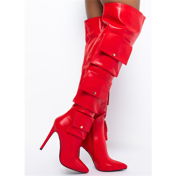 

boots design women's over the knee pocket decor pointed toe thin high heels lady long runway shoes plus size 44, Black