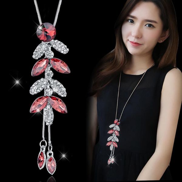 

pendant necklaces & pendants for women 2021 fashion silver color chain crystal leaves long female sweater collier femme