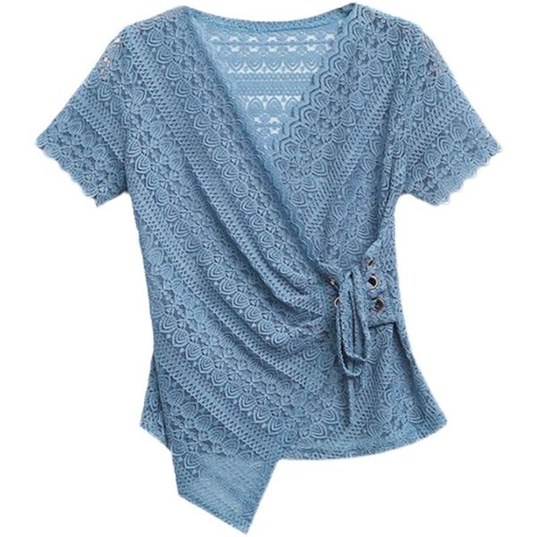 

women's t-shirt 2021 summer lace all-match casual short-sleeved v-neck tie rope fashion foreign style small shirt, White