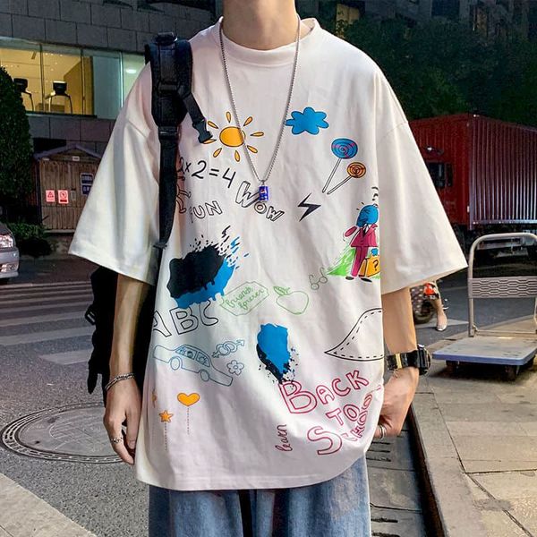 

short-sleeved t-shirt mens summer hong kong style korean trend loose shirt students casual graffiti half-sleeved t-shirt blouse, White;black