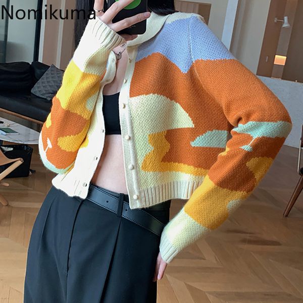 Nomikuma Koreanische Kausal Ölgemälde Jacquard Strickjacke Pullover Mantel Lange Hülse Drehen Unten Kragen Kurze Gestrickte Oberbekleidung 6B924 210427