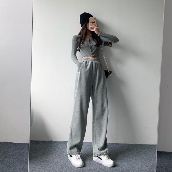 

women's pants & capris 2021 solid color early autumn clothing plus velvet sweatpants women korean style high waist loose casual harem, Black;white