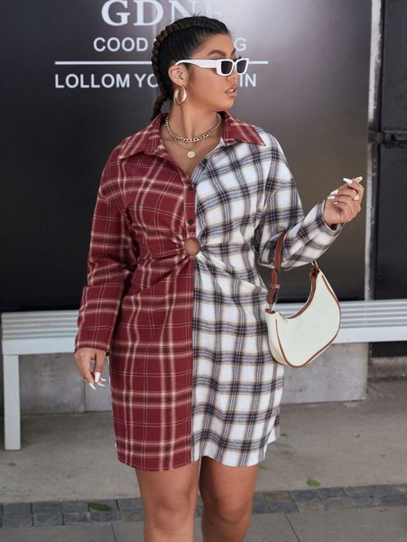 

plus plaid print drop shoulder colorblock cut out shirt dress 24vv#, Black