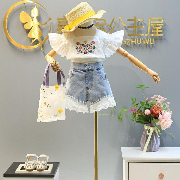 

kids baby girls sleeve embroidery flower pullover t-shirts denim patch short pants toddler childre clohtes sets 2pcs clothing, White