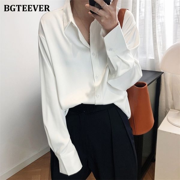 

bbteever 2021 new chic women satin shirts long sleeve solid turn down collar elegant office ladies workwear blouses female, White