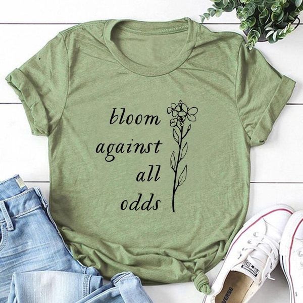 

women's t-shirt 100% cotton t shirt bloom against all odds letter flower print women short sleeve o neck loose tshirt summer causal tee, White