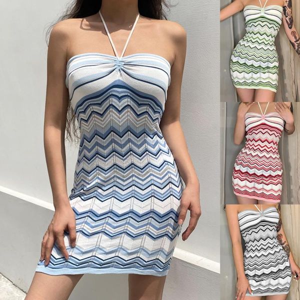 

casual dresses y2k 2021 lady knitting halter dress with horizontal stripes print skinny fit style summer clothing, Black;gray