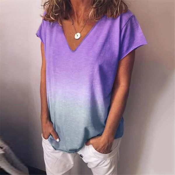 

women's blouses & shirts fashion gradient tie-dye print blouse women v-neck short sleeve summer casual blusas mujer de moda 2021, White