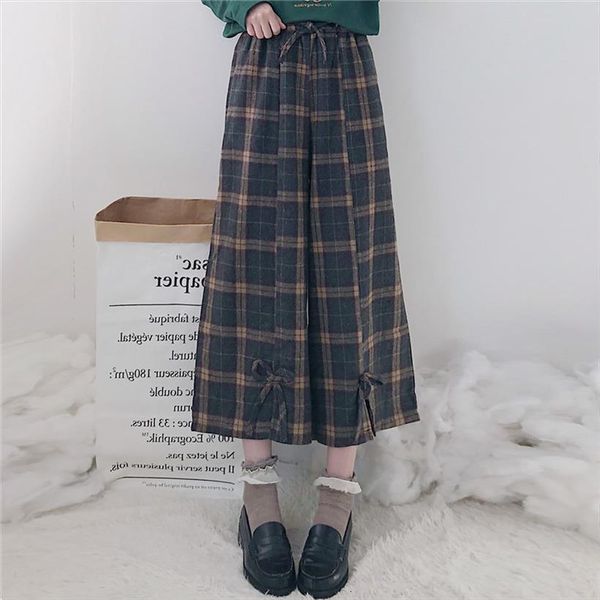 

japanese lolita style wide leg womens pants elastic waist bandage bow vintage plaid ankle length cute kawaii girl trousers, Black;white