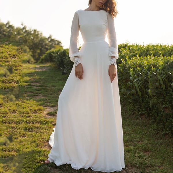 

new boho wedding dress for bride elegant long sleeves lace chiffon beach bridal gowns scoop neck sweep train marriage dresses, White