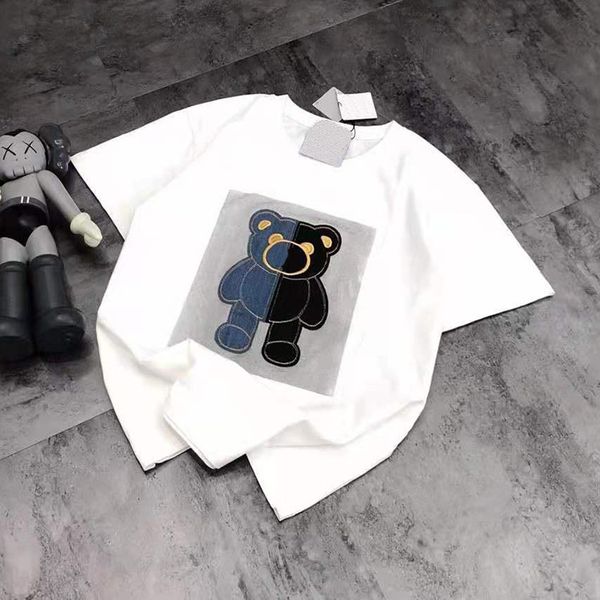 

luxury design mo2021 summer two color sticker denim bear embroidery round neck short sleeve men's and women's simple loose t-shirt, White