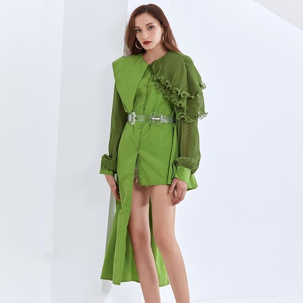 

casual dresses sashes dress for women asymmetrical collar lantern long sleeve high waist irregular hem female clothes, Black;gray