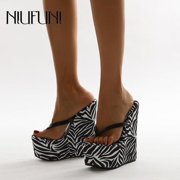 

slippers zebra print flip flops shoes wedge sandals 15cm waterproof thick high heels open toe simple beach women's summer slides, Black