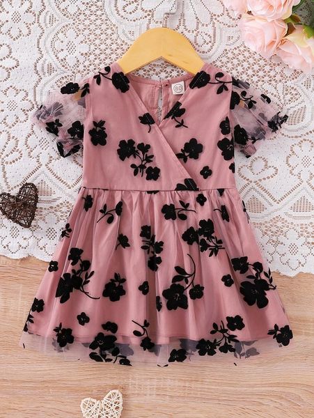 

baby floral mesh overlay puff sleeve dress she, Red;yellow