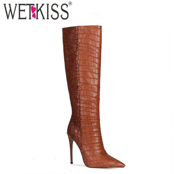 

wetkiss big size women knee boots pointed toe thin high heels shoes woman stiletto heel embossed ladies boots fashion shoes 210630, Black