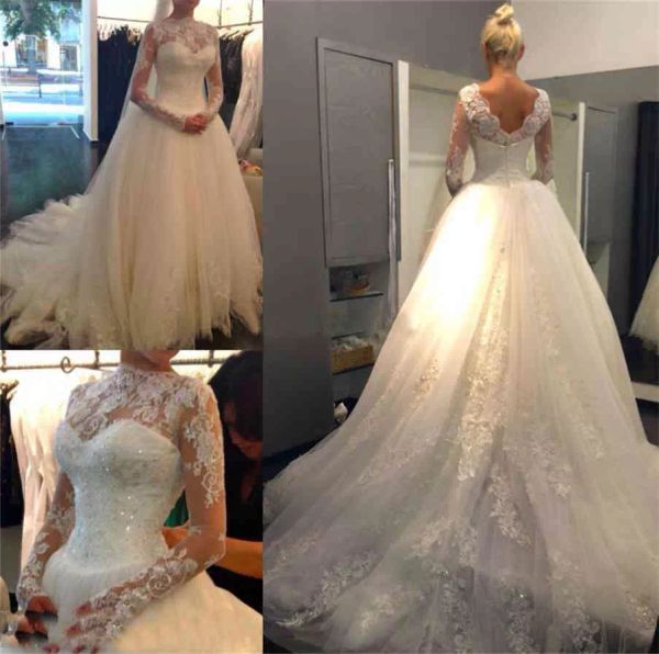 

2022 long sleeves wedding dresses bridal gown a line high neck lace applique beaded crystals sweep train tulle custom made plus size vestido, White