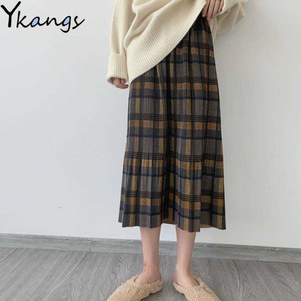 

winter wool long pleated skirt women's korean style high waist midi plaid skirt female vintage plus size clothes 210619, Black
