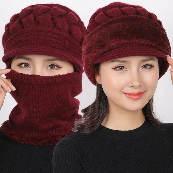 

hats, scarves & gloves sets thicken warm and windproof riding hat knitted scarf ladies winter woolen plus fleece set, Blue;gray