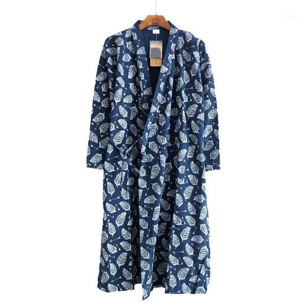

men's sleepwear cotton robe sets men kimono bathrobe pajama leaf printed japanese style yukata nightgown male v-neck loose long homewea, Black;brown