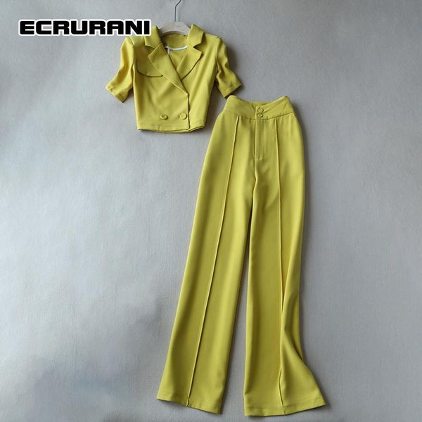 

women's two piece pants ecrurani solid casual trouser suit for women notched short sleeve blazer high waist full length trousers set 20, White