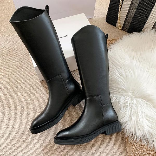 

boots fashion women knee high full cow leather warm flats insthick low heels motorcycle shoes woman large size 34-43, Black