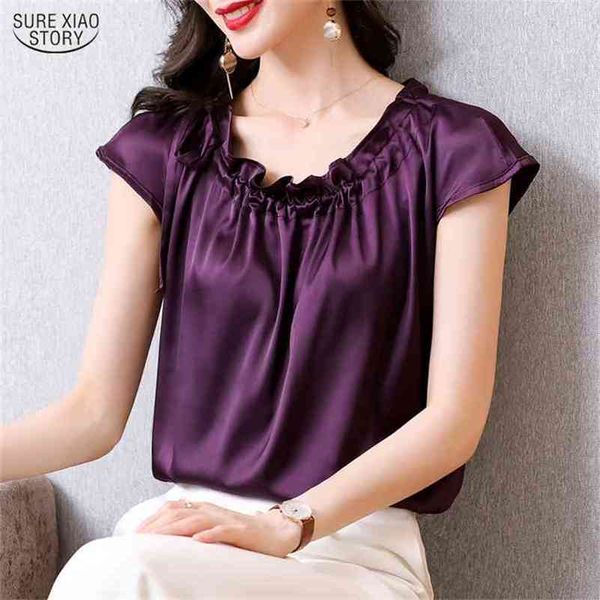 

fashion satin silk shirt women vintage office lady blusas mujer de moda summer elegant short sleeve blouse 9575 210506, White