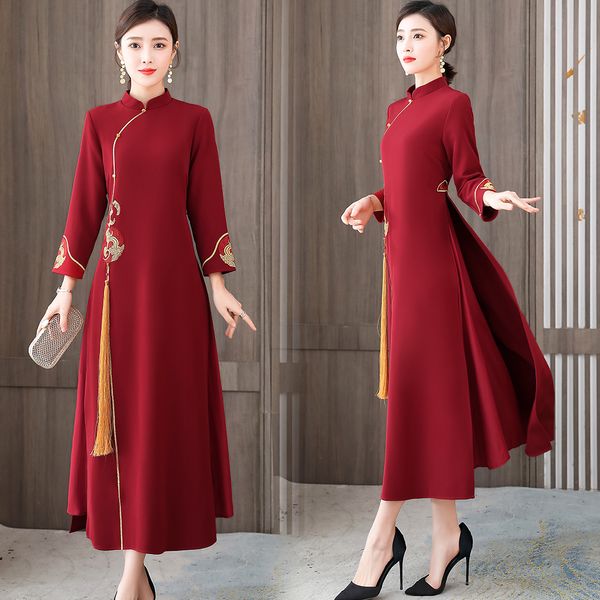 Женская элегантная этническая одежда весеннее осеннее азиатское платье с полным рукавом, дамы улучшены Cheongsam Ao Dai Вьетнам Национальный костюм