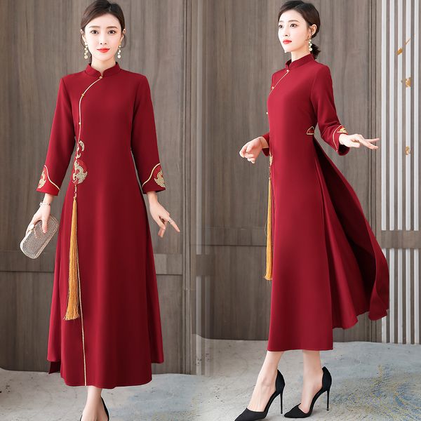 

women elegant ethnic clothing spring autumn asian dress full sleeve gown ladies improved cheongsam ao dai vietnam national costume, Red