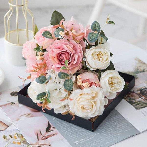 

bunch rose pink artificial flowers lavender hydrangea peony bouquet vases for home decoration wedding decorative fake flower & wreaths
