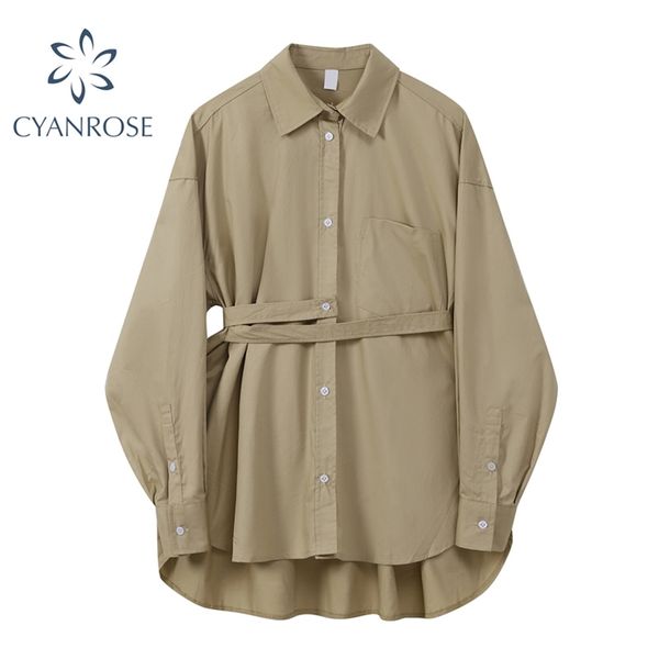 

khaki women's cardigan blouses summer long sleeve loose casual work high waist belt slim shirts elegant ol solid rok 210430, White