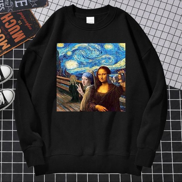 

picture of me and mona lisa print hoodie women japan anime sweatshirt fleece streetwear crewneck pullover hoody women's hoodies & swe, Black