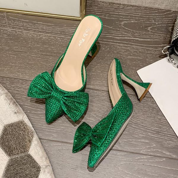 

rhinestone butterfly-knot women slippers mule 10cm high heels sandals flip flops pointed toe slides party shoes, Black