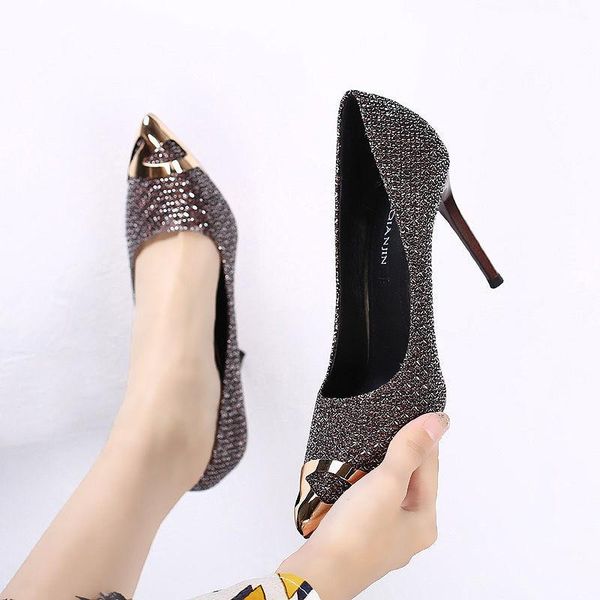 

dress shoes spring and autumn women metal pointed toe pumps women's high heels stilettos ladies all-match single slingback, Black