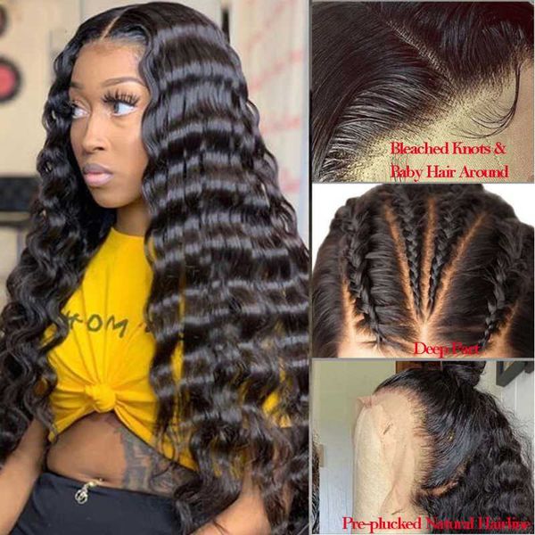

lace wigs deep wave 13x4 frontal human hair 100% remy 150% 180% density for women with baby 30 inch, Black;brown