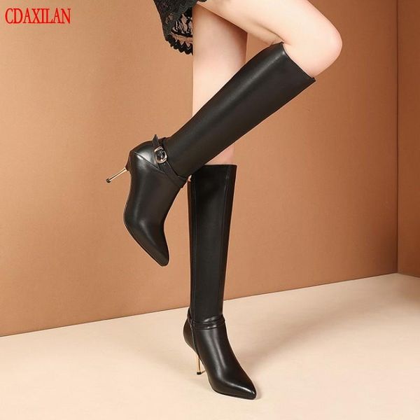 

boots cdaxilan to knee-high women genuine cow leather pointed toe thin high-heel side zipper ridding equestain, Black