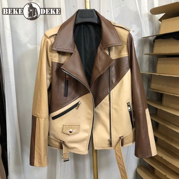 

women's leather & faux fashion women colors panelled sheepskin genuine jacket short belted slim fit motorcycle biker coat windproof jac, Black