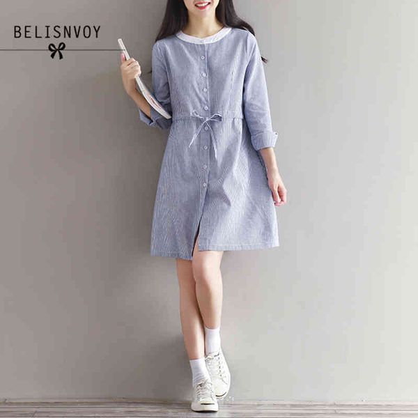 

mori girl autumn literature sweet striped dress single breasted bow drawstring waist long sleeve cotton linen women dresses 210520, Black;gray