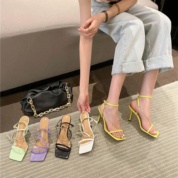 

sandals 2021 gold metal chain color high heel thin big square women's shoes, Black