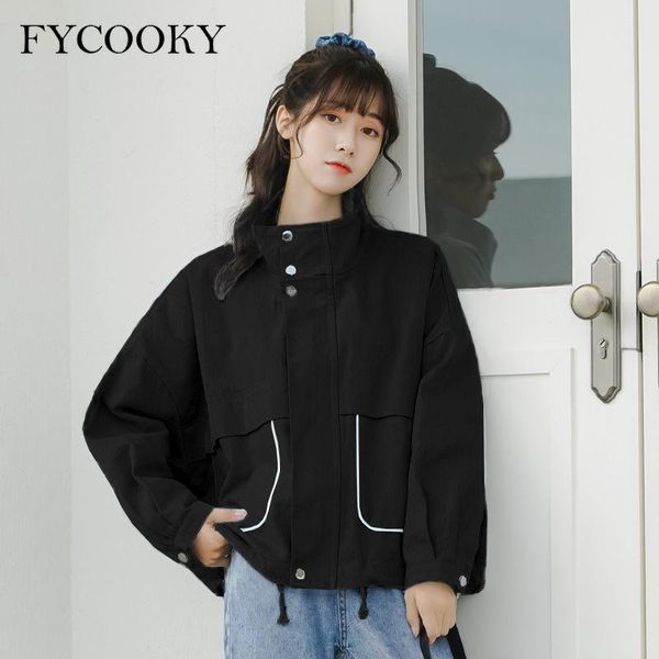 

women's jackets cargo style black women korean loose stand collar zipper jacket long sleeve crop coats female 2021 autumn, Black;brown