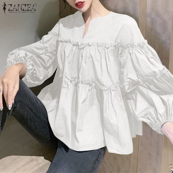 

blouses elegant ruffle women's spring blouse 2021 casual puff sleeve blusas female o neck patchwork chemise plus size tunic, White