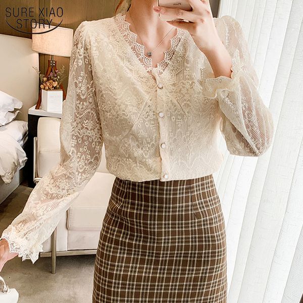 

fashion v-neck lace shirts crochet flower elegant white blouse women autumn vintage long sleeve button blusas 11907 210508