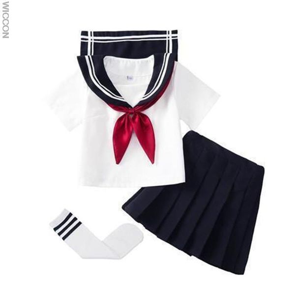 

clothing sets kid jk sailor dress 4pcs girl japanese korean orthodox school uniform pleated skirt navy long short sleeve kawaii suit cosplay, White