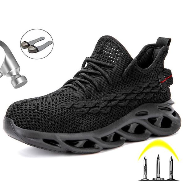 

boots lightweight breathable men safety shoes steel toe work for anti-smashing construction working sneakers, Black