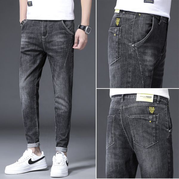 

spring denim youth mid-waist casual micro-elastic ordinary trousers cotton washed black jeans men, Blue