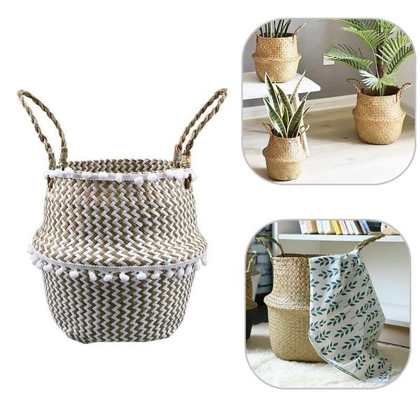 

woven seagrass belly basket with beads for storage plant pot container laundry picnic grocery organizer household decor baskets